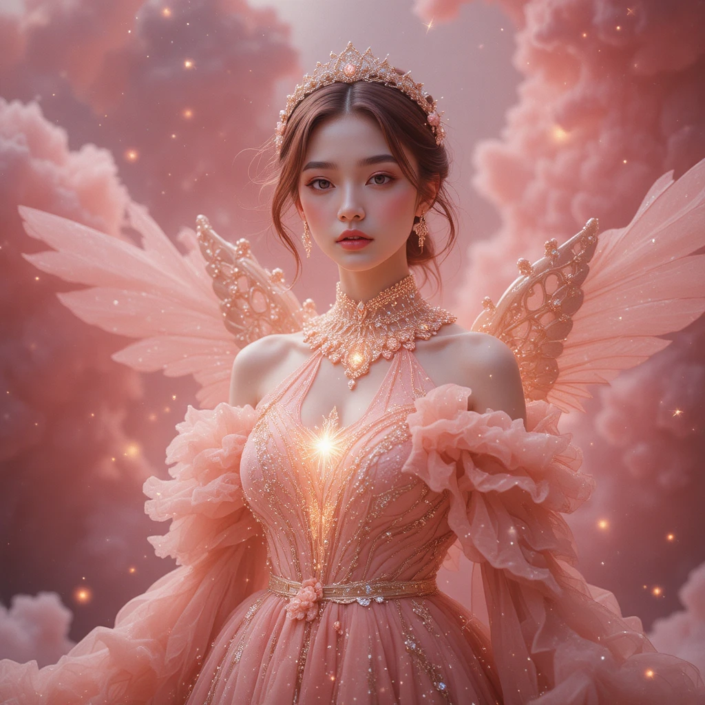 Korean woman blooming in a rose quartz cosmic nebula gown