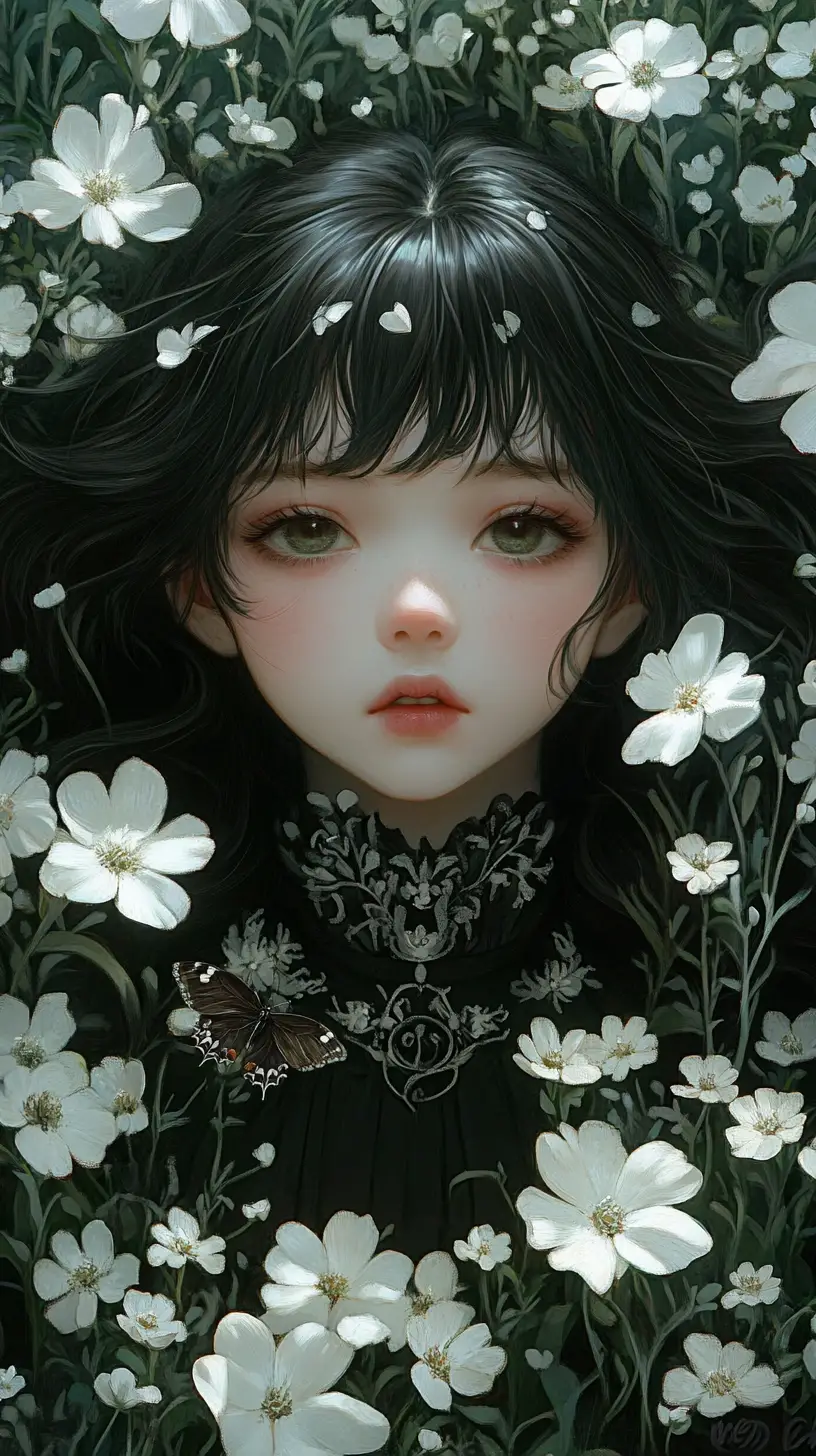 Melancholic girl in a black and white flower field