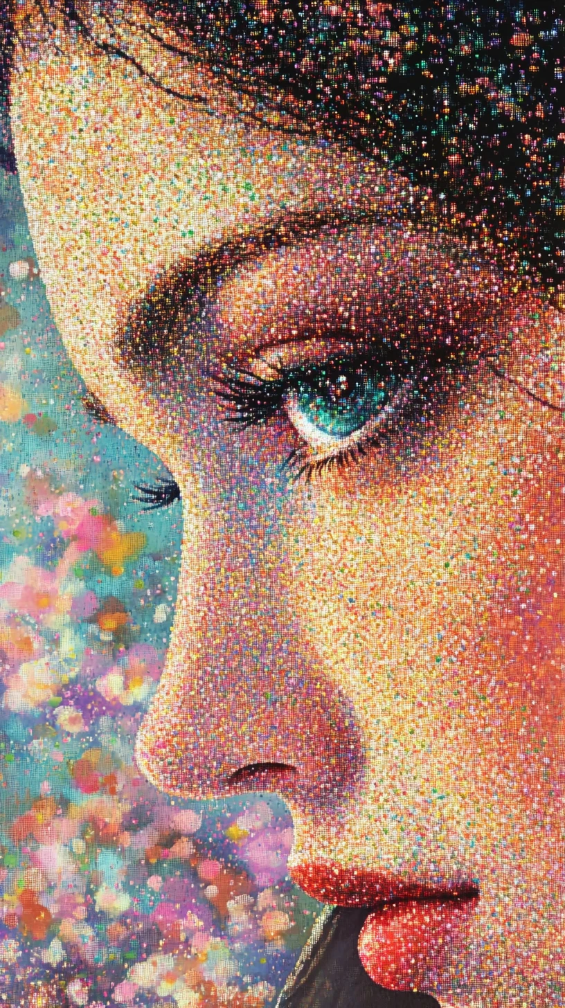 Pointillist close up of a girl with umbrella in Paris