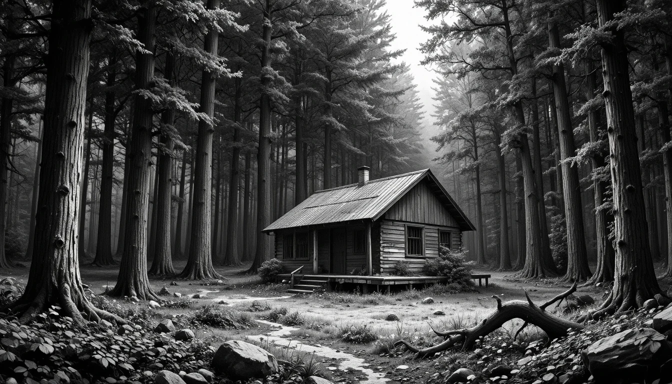Rustic forest hut in detailed black and white engraving