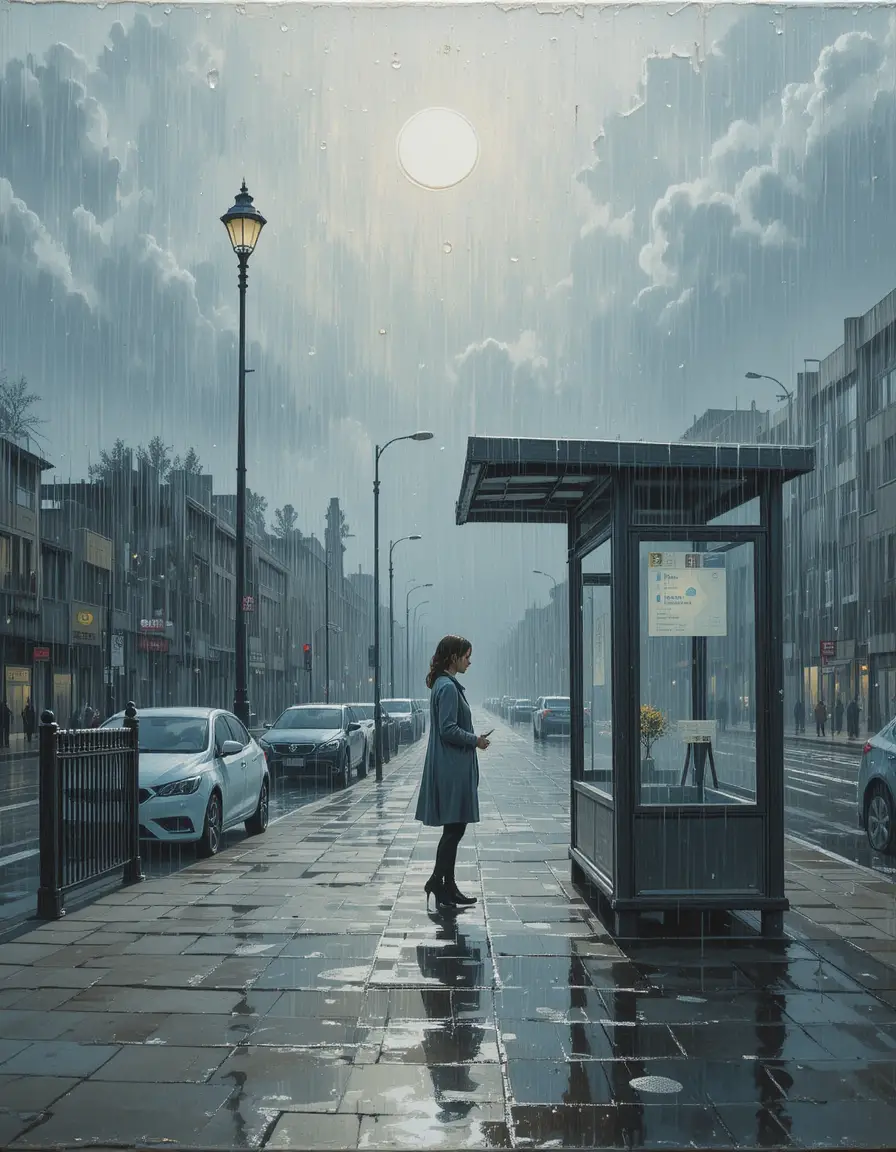 Woman waiting alone at rainy night bus stop