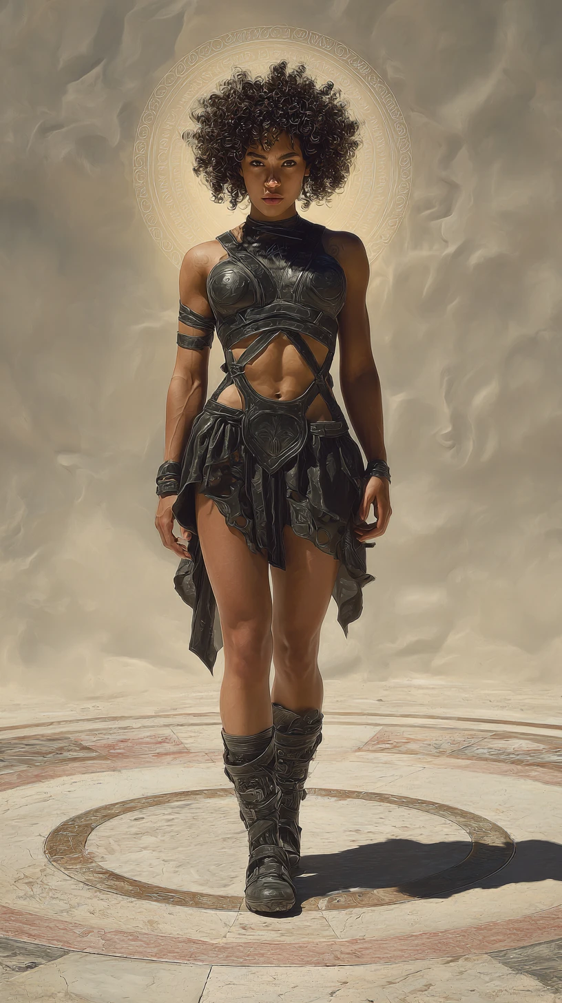Divine female warrior in a sunlit gladiatorial arena
