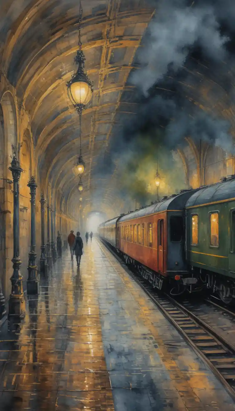 Victorian steam train beneath vaulted gothic station arches