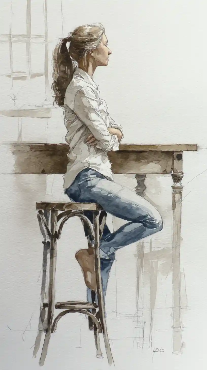 Aquarell einer jungen Frau, die sich an einen hohen Tisch lehnt