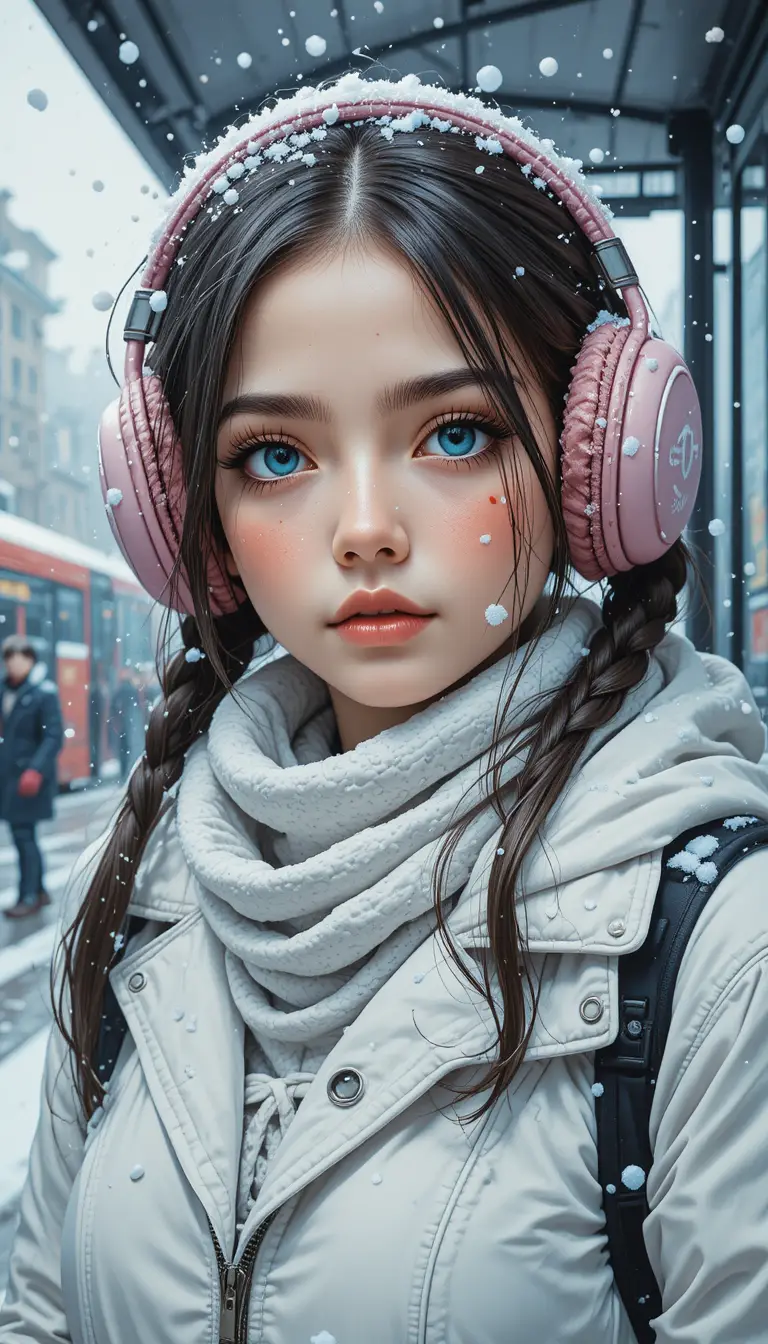Girl in earmuffs at a snowy bus stop portrait