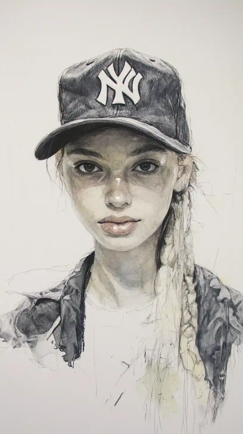 Ritratto mixed media di una ragazza bionda con cappellino da baseball