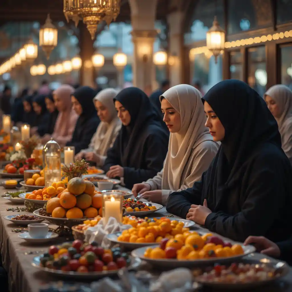 Tranquila reunión de iftar de Ramadán alrededor de una mesa compartida