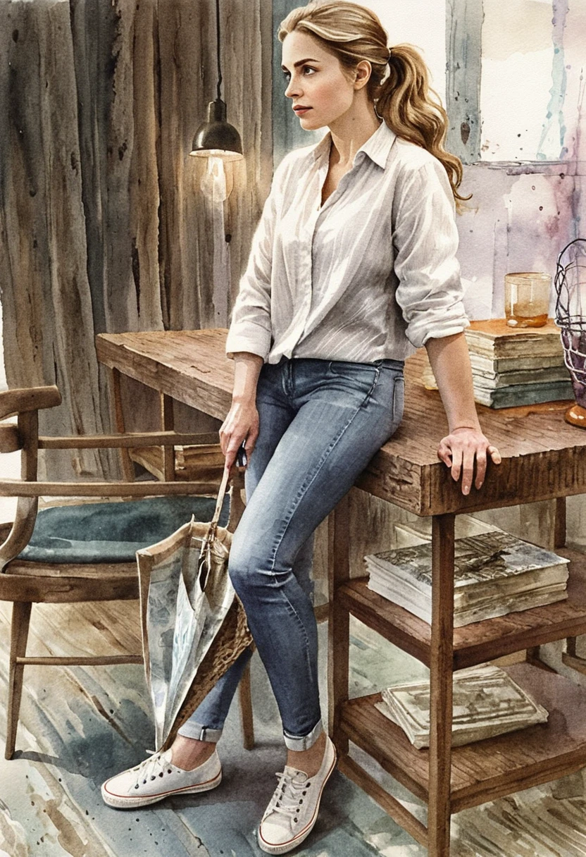 Aquarelle d’une femme appuyée sur une table haute en intérieur