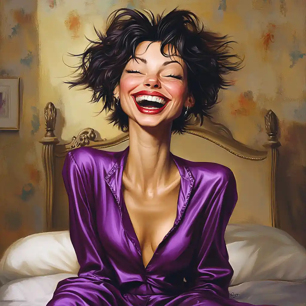 Laughing woman in purple silk pajamas in bedroom