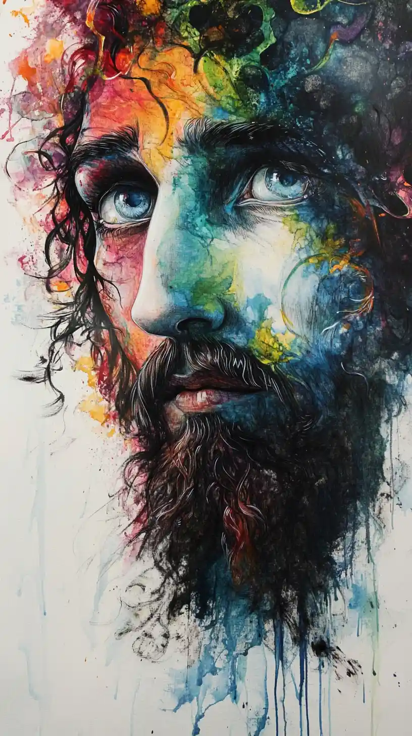 Surreal portrait of Jesus with hypnotic, otherworldly eyes