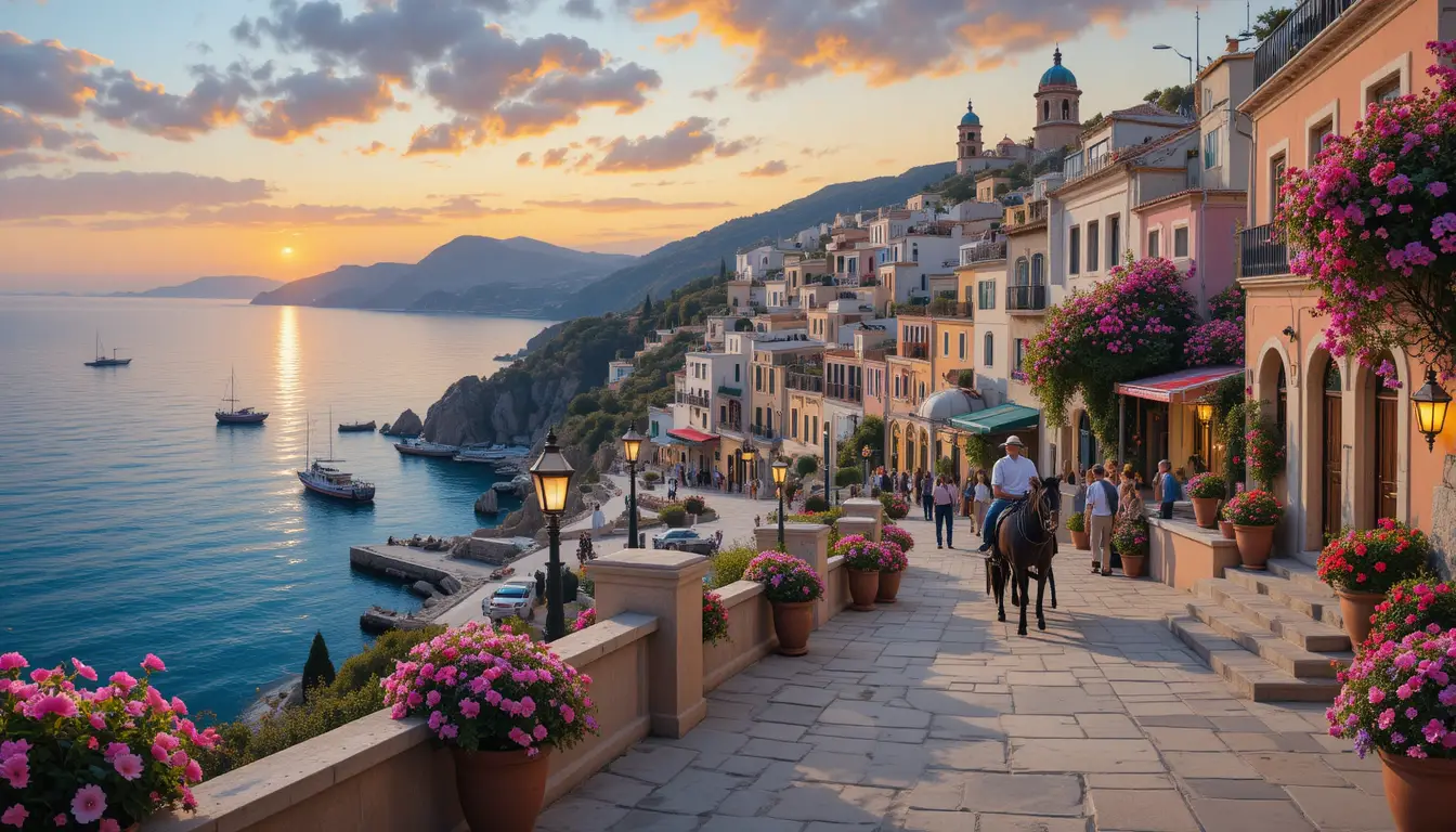 Spanish coastal village at sunset with horse carriage