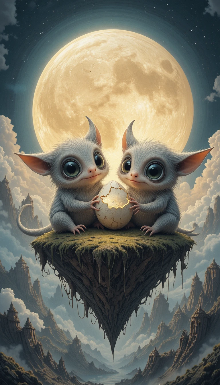 Four fluffy fantasy critters on a floating dream island