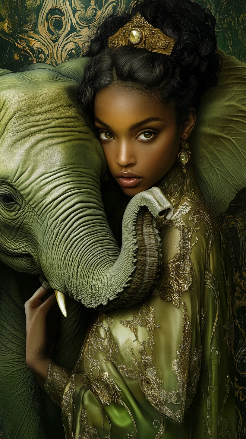 Surreal woman holding translucent green elephant sculpture