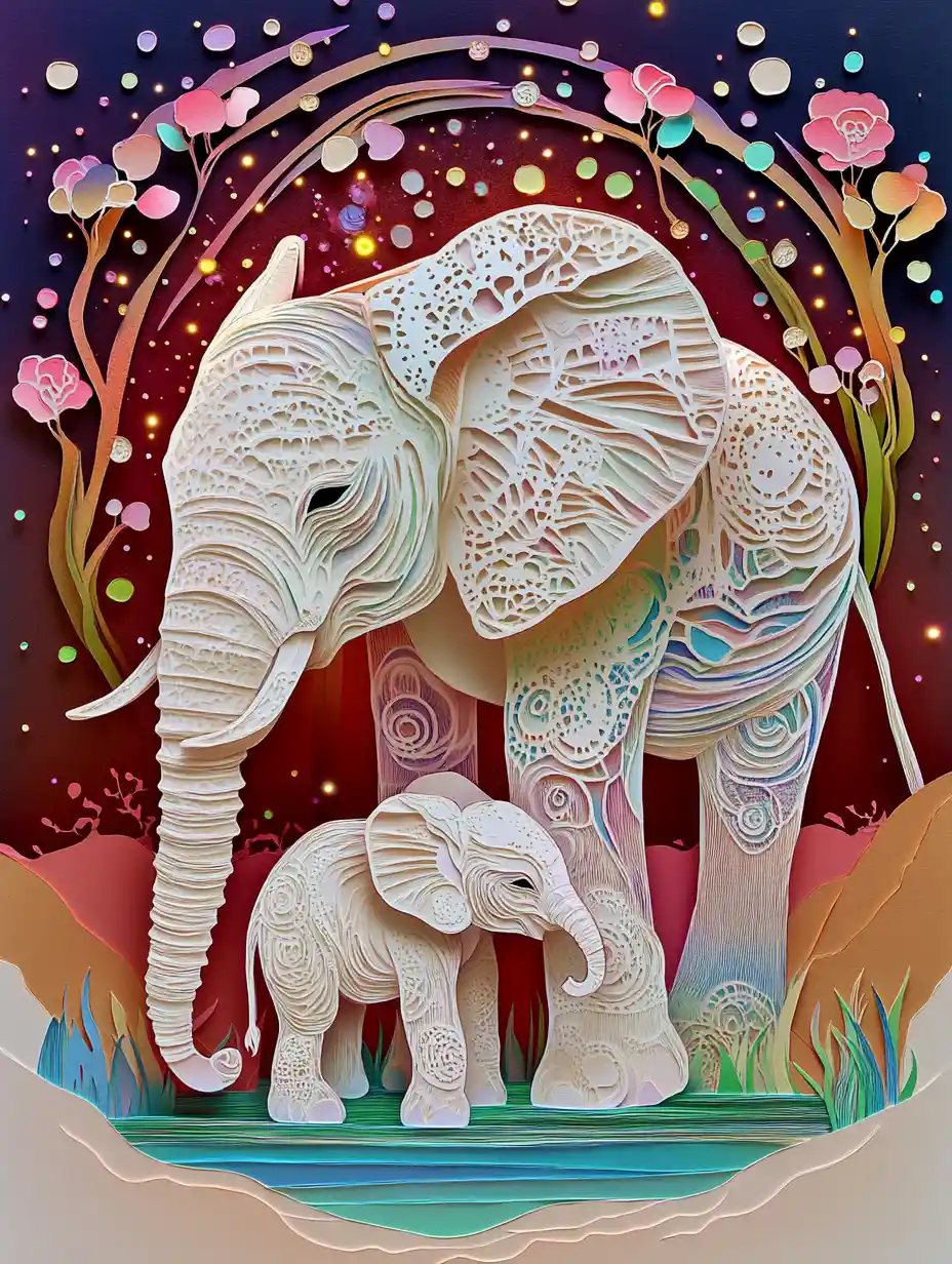 Mother elephant sheltering newborn calf in sacred paper art