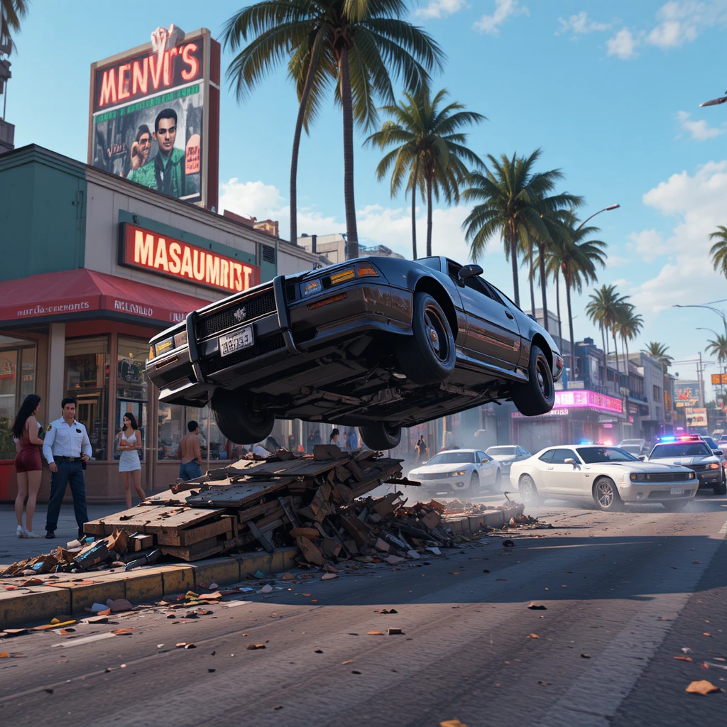 Speeding car launches from curb in neon city chase