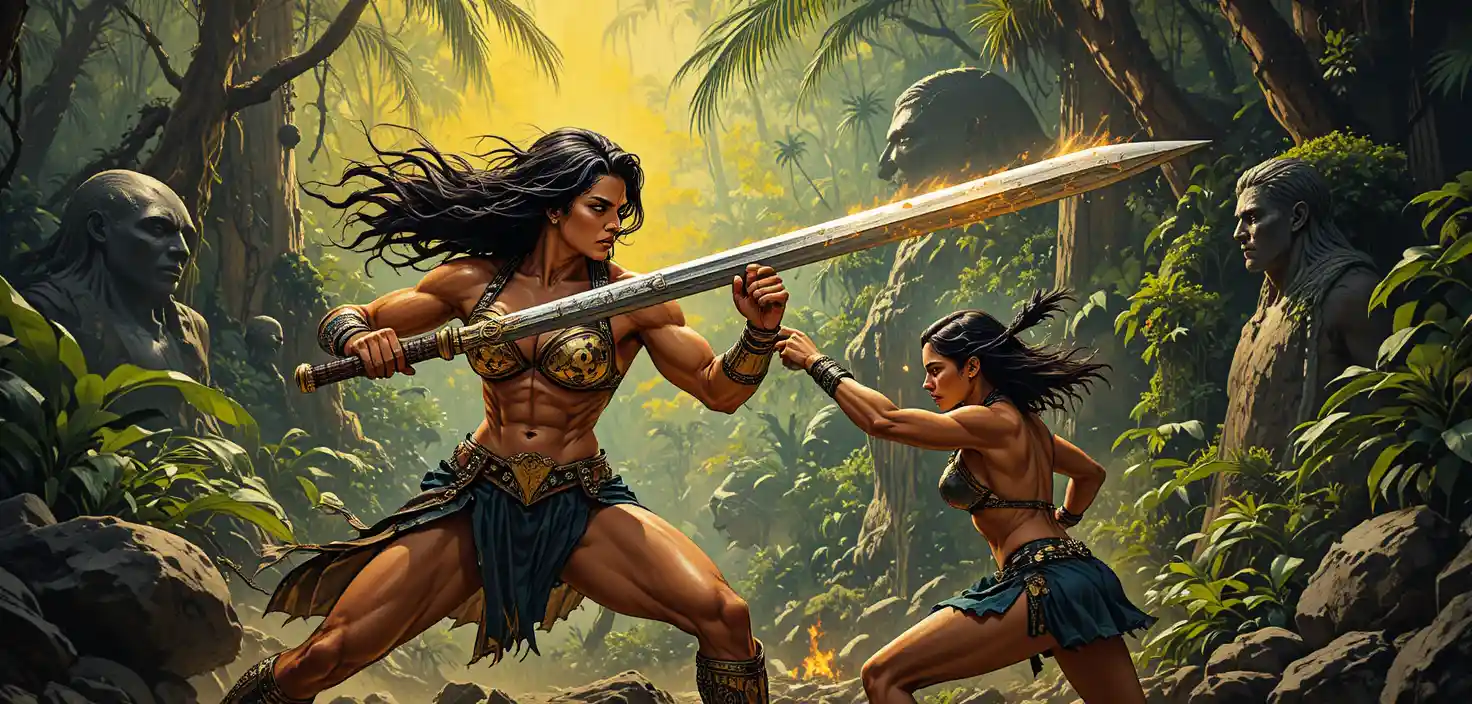 Muscular warrior women battling fiercely in a misty jungle
