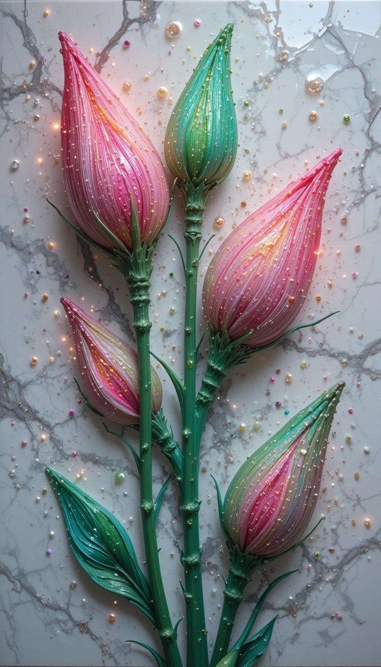 白色大理石上帶有霓虹火花的粉紅百合花苞