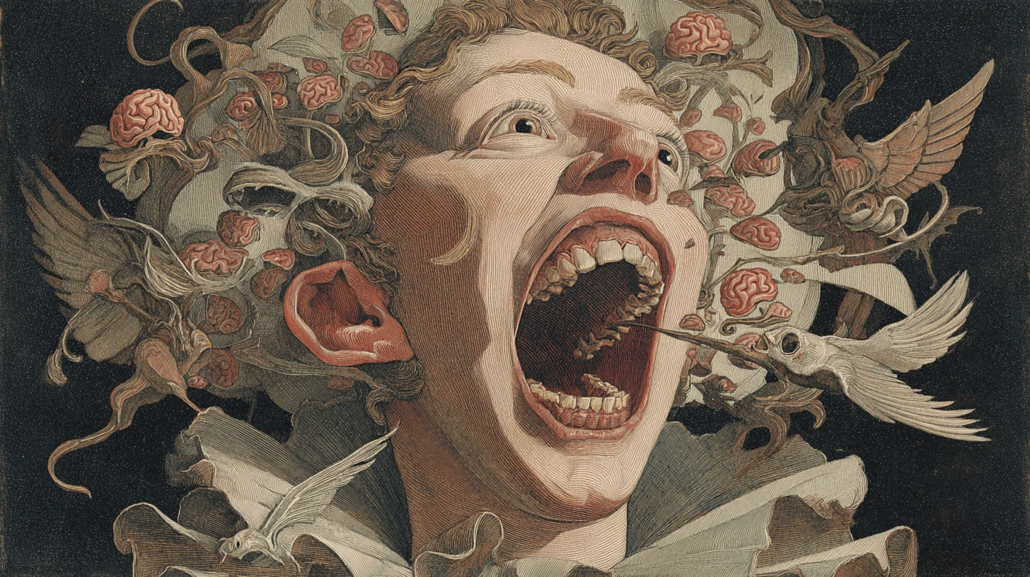 Surreal distressed woman head with demons and flying brains