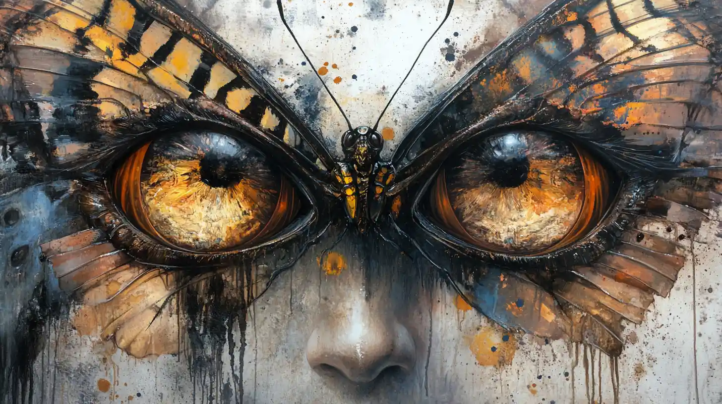 Mariposa surrealista en técnica mixta con grandes ojos reflectantes