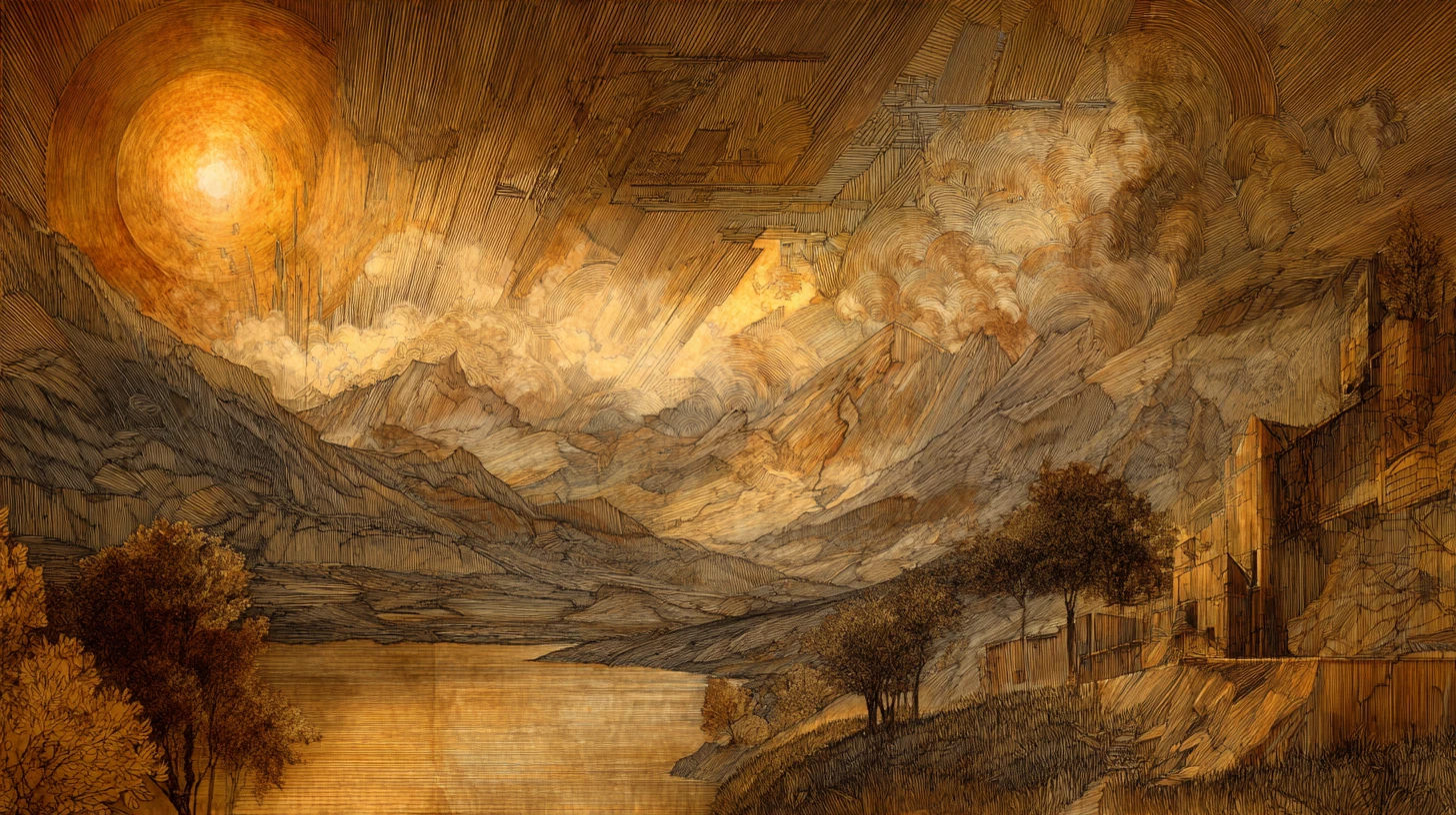 Surreal abstract landscape in mixed media with dramatic forms