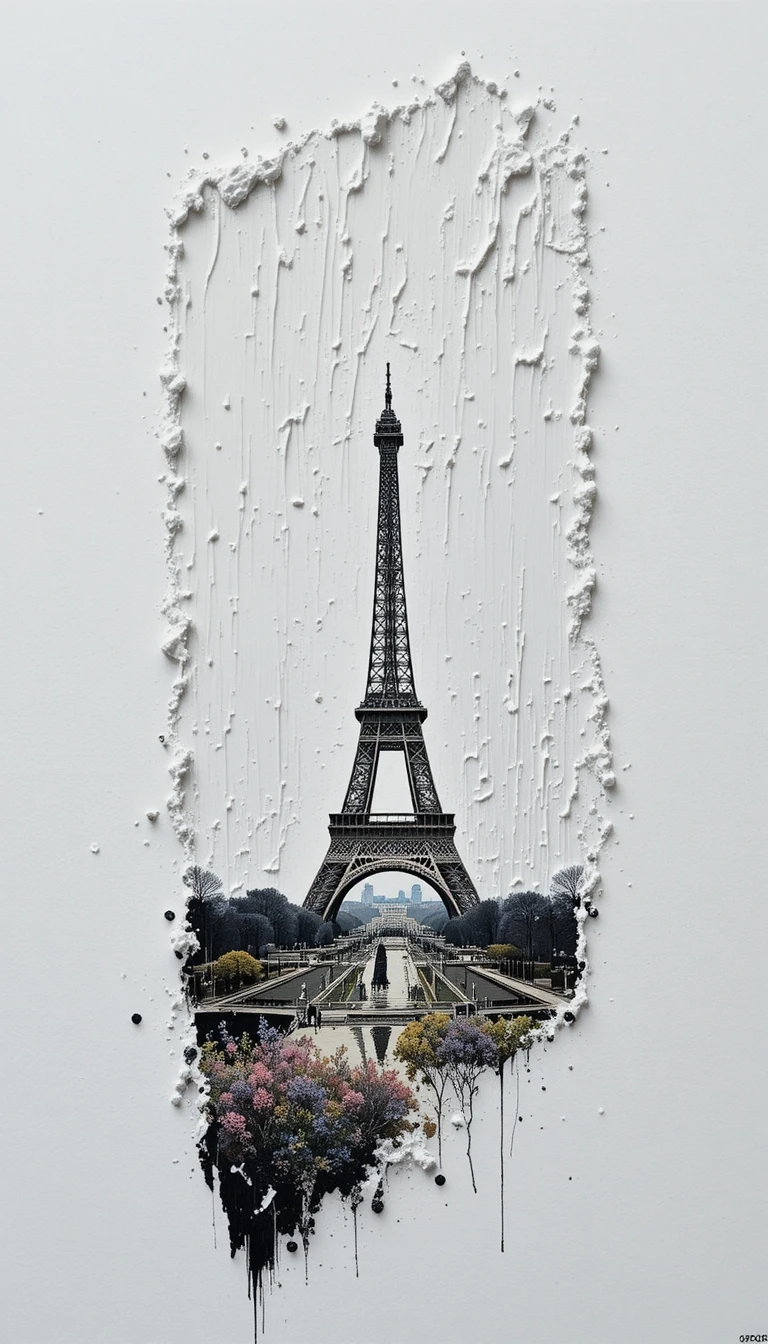 Primer plano de pincelada acrílica que revela paisaje urbano de la Torre Eiffel