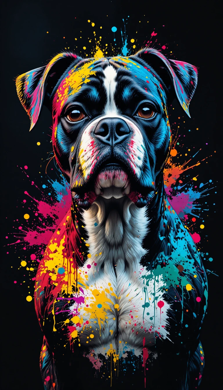 Color splashed boxer dog portrait on black background