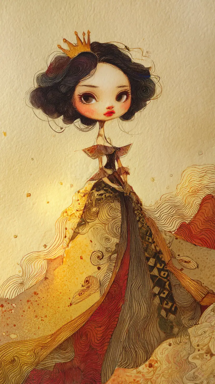 Principessa chibi su una collina illuminata dal sole in illustrazione fantasy