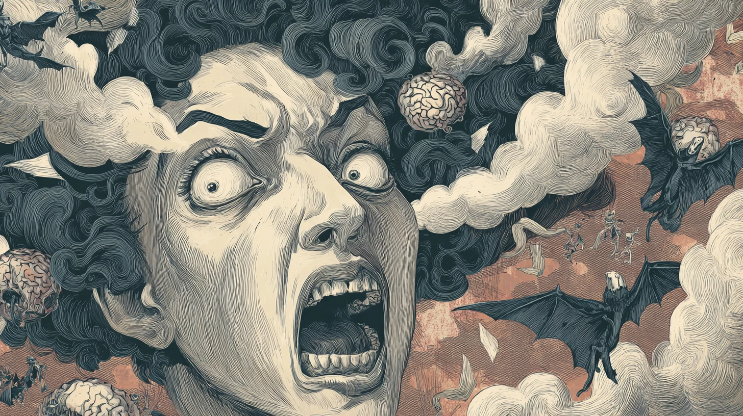 Surreal screaming woman with twisted head and bulging eyes