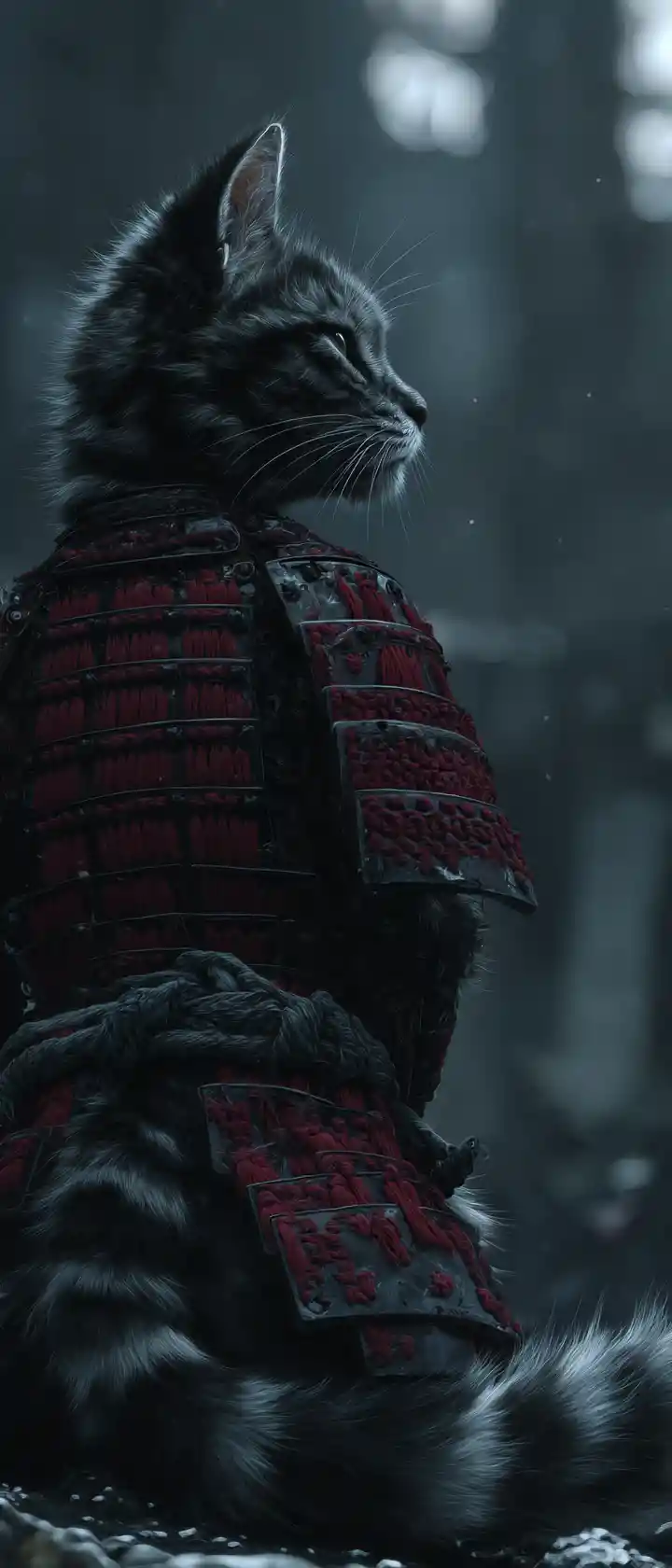 Samurai cat warrior in ruined winter city at night