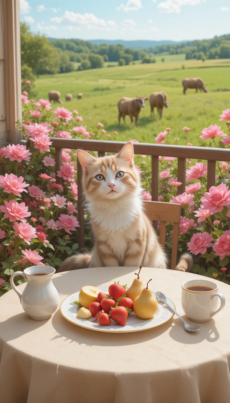 Whimsical cat breakfast on a sunny flower filled balcony