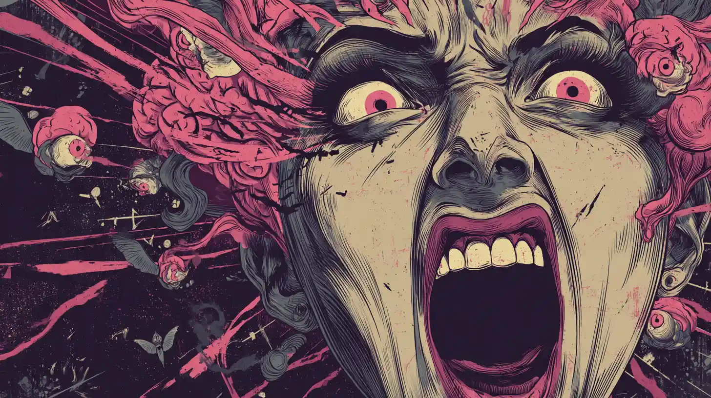 Surreal Distorted Woman Head With Demonic Flying Creatures