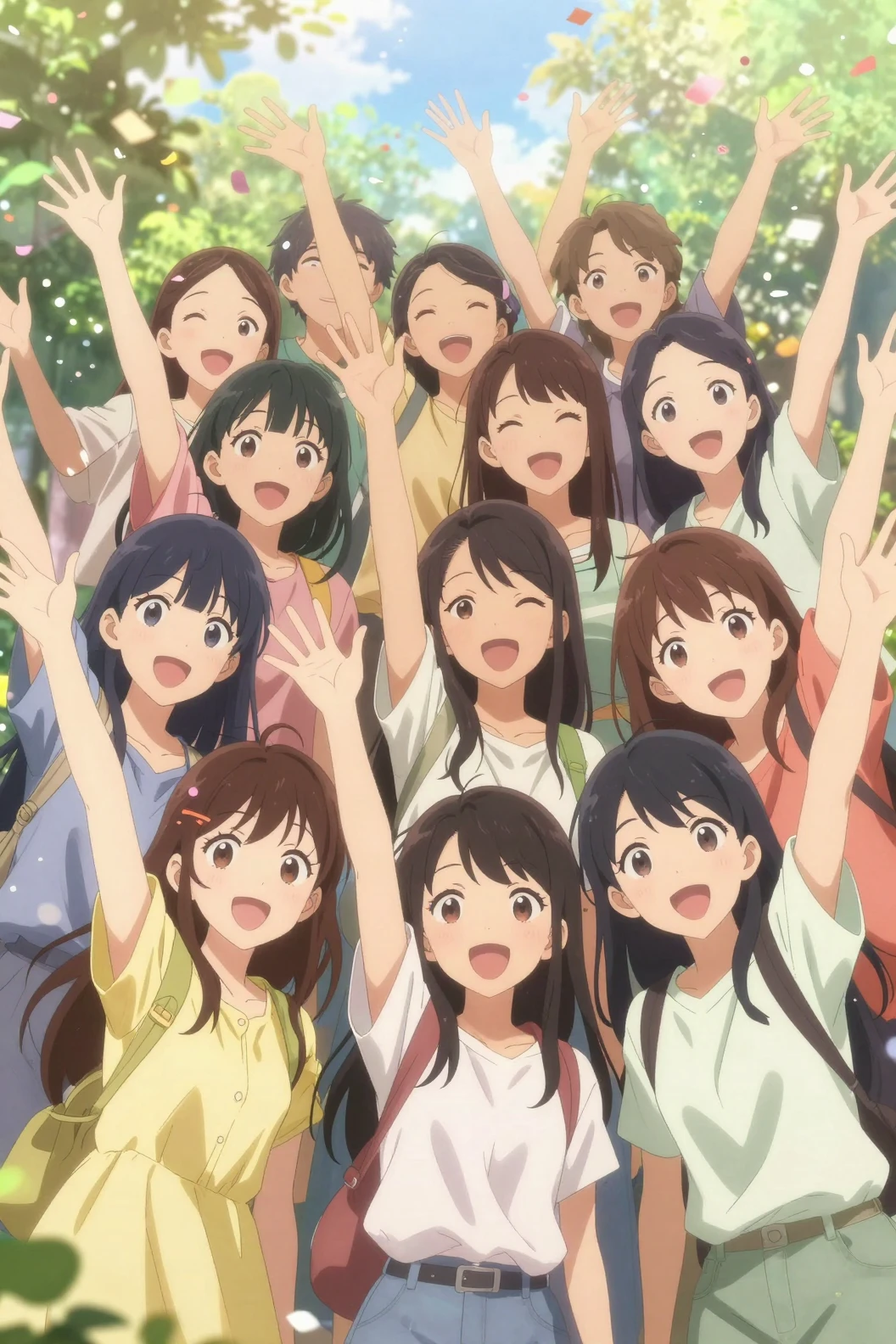 Allegre ragazze anime che festeggiano insieme sotto un cielo soleggiato
