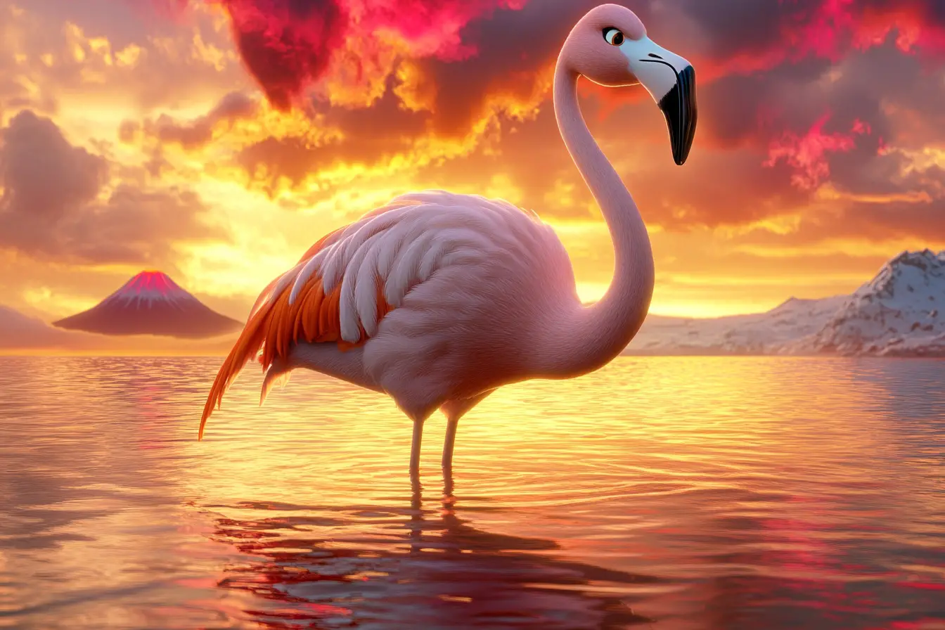 Flamingo Standing In Shallow Water At Vibrant Sunset
