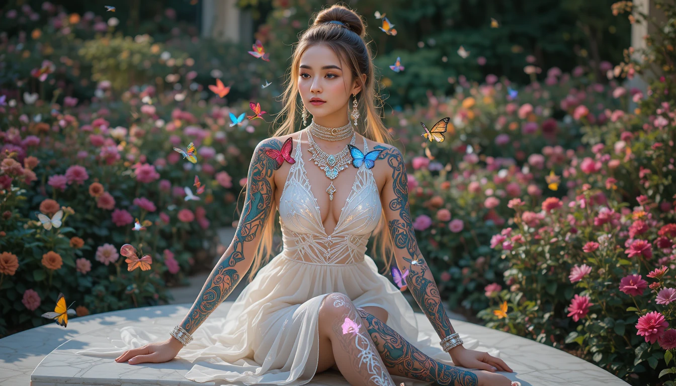 Serene tattooed woman in white dress among garden flowers