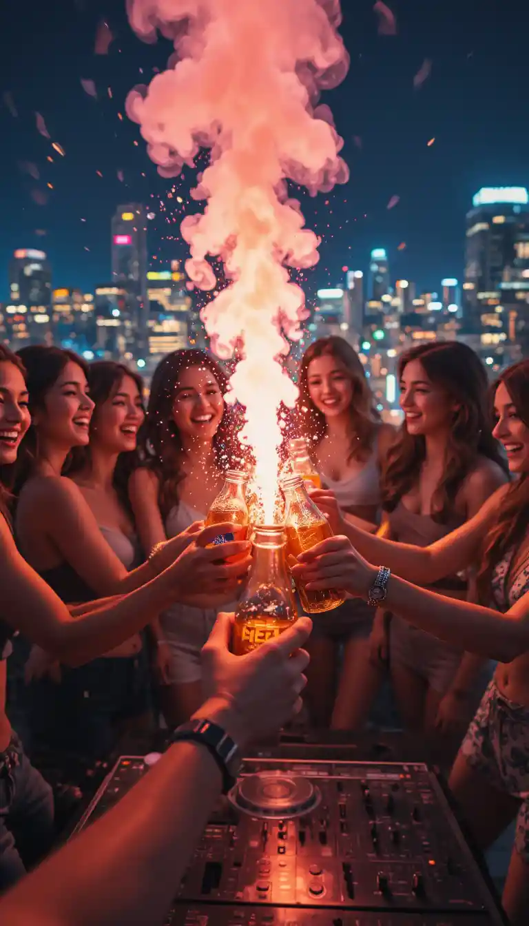 Friends toast with pepsi on a vibrant city rooftop
