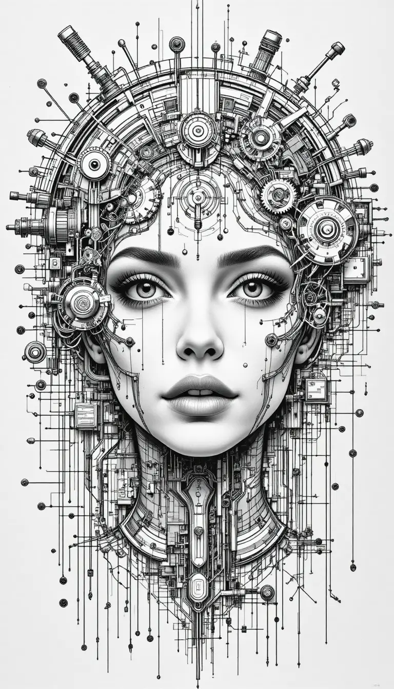Cybernetic woman portrait with mechanical facial details