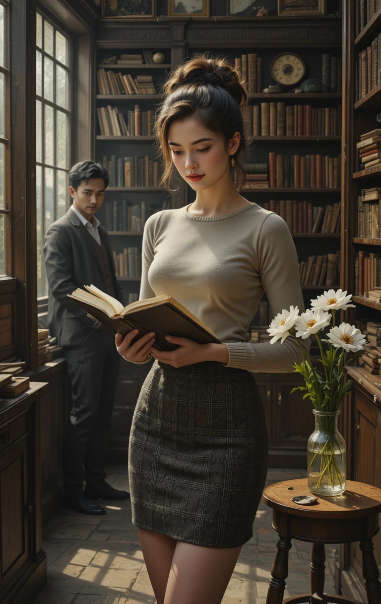 在溫暖古董書店中瀏覽書籍的優雅女子