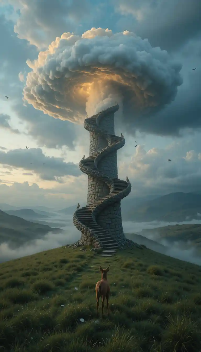 Escalera de piedra en espiral que se eleva hacia nubes crepusculares resplandecientes