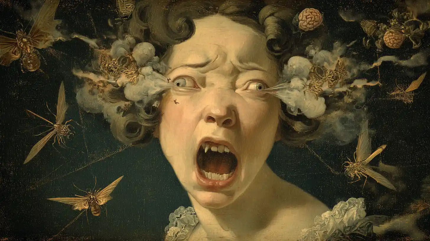 Cabeza de mujer distorsionada surreal con criaturas demoníacas voladoras