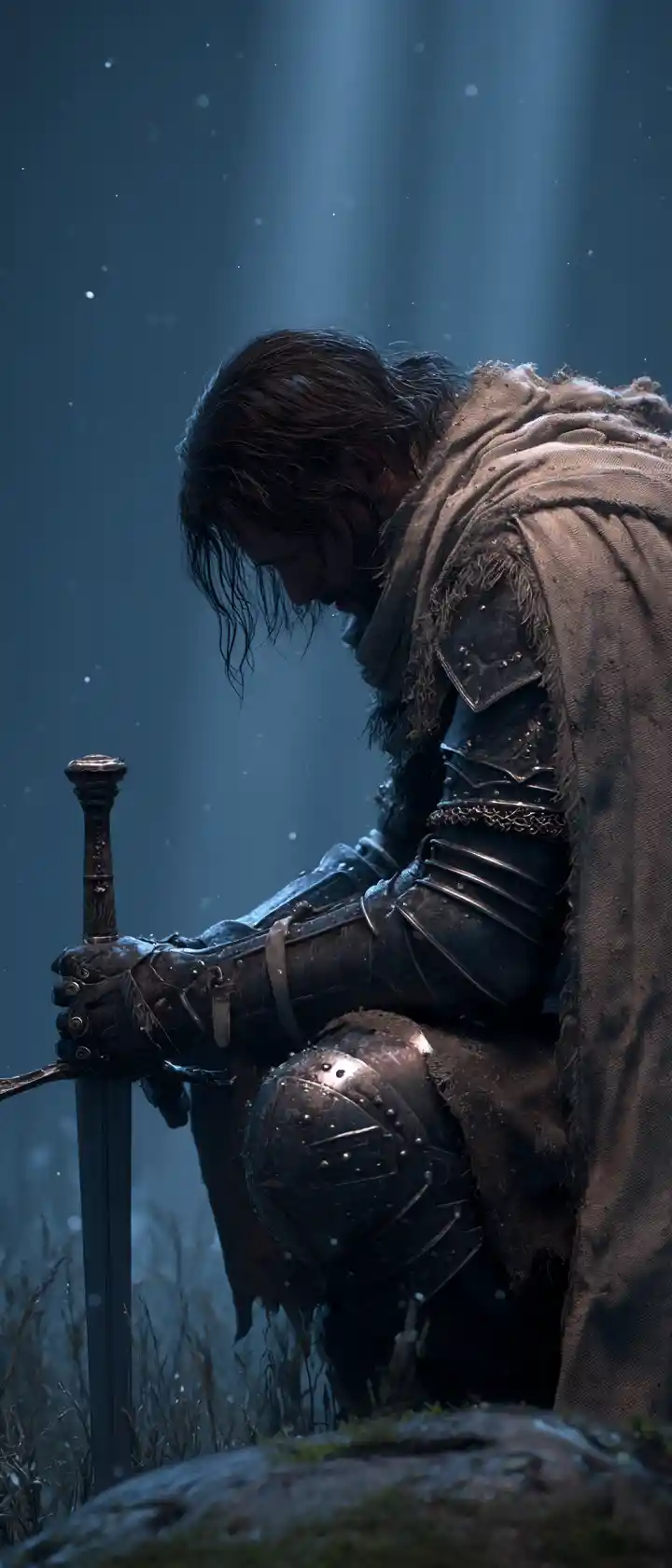 Weary medieval warrior resting in a misty battlefield