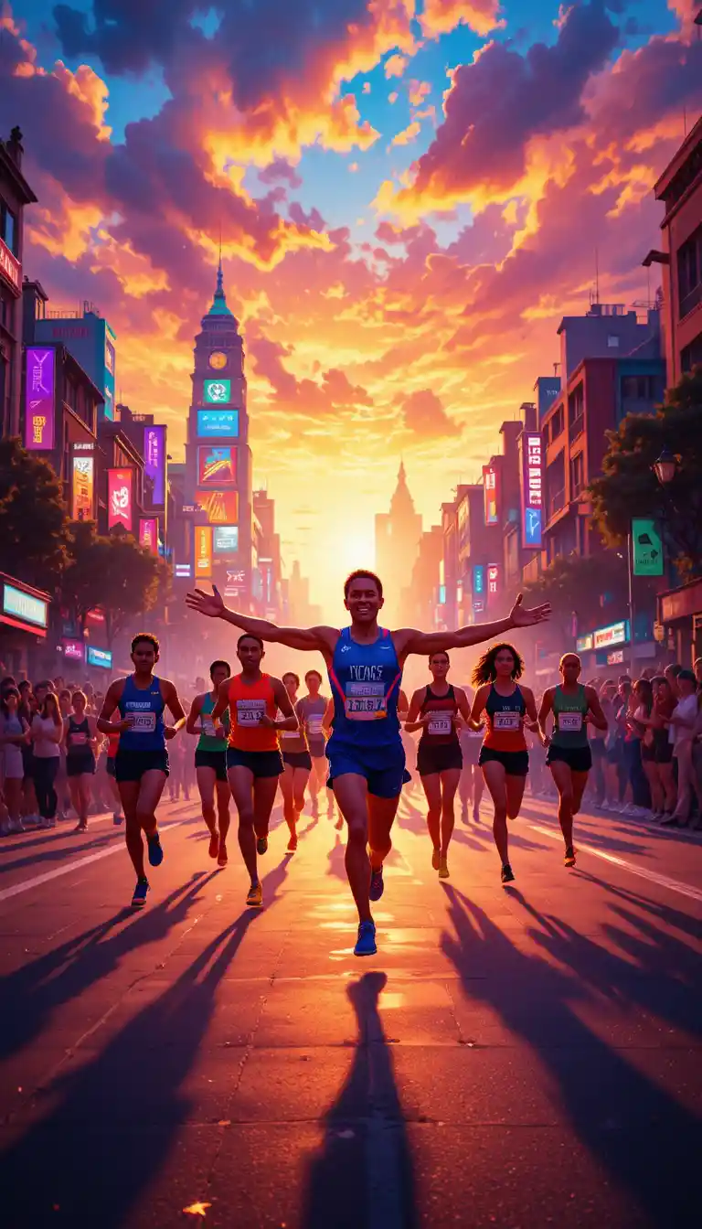 Corredores de maratona pela cidade ao pôr do sol sob luzes de néon