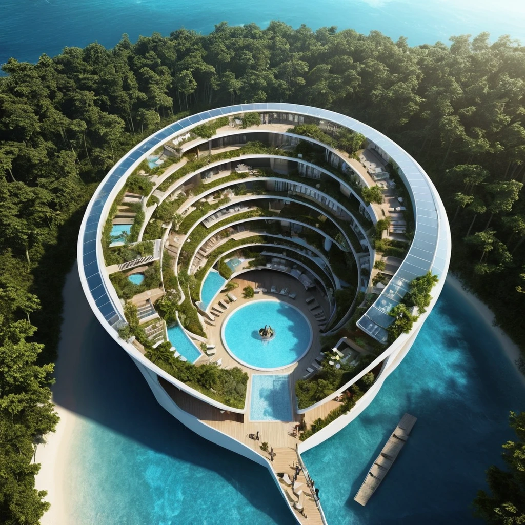Futuristic nautilus eco resort with fibonacci inspired architecture
