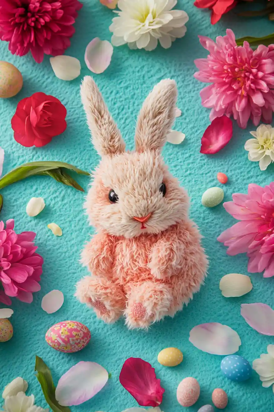 Cheerful Easter rabbit with spring flowers on blue background