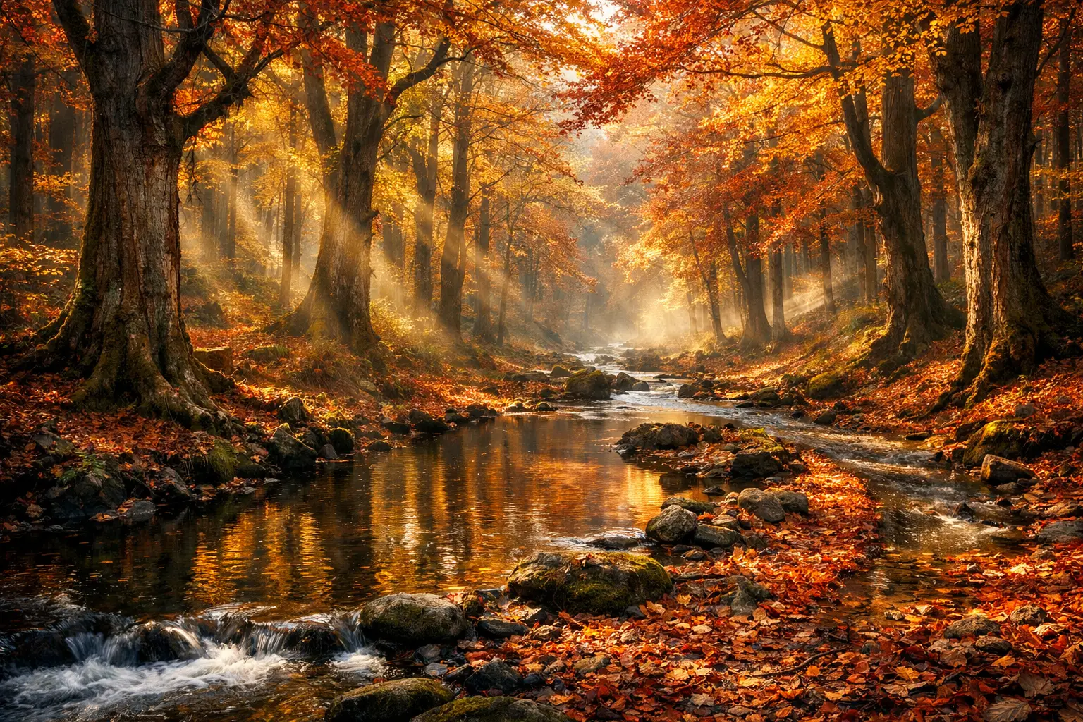 Golden Autumn Forest With Sunlit Mist And Winding Stream