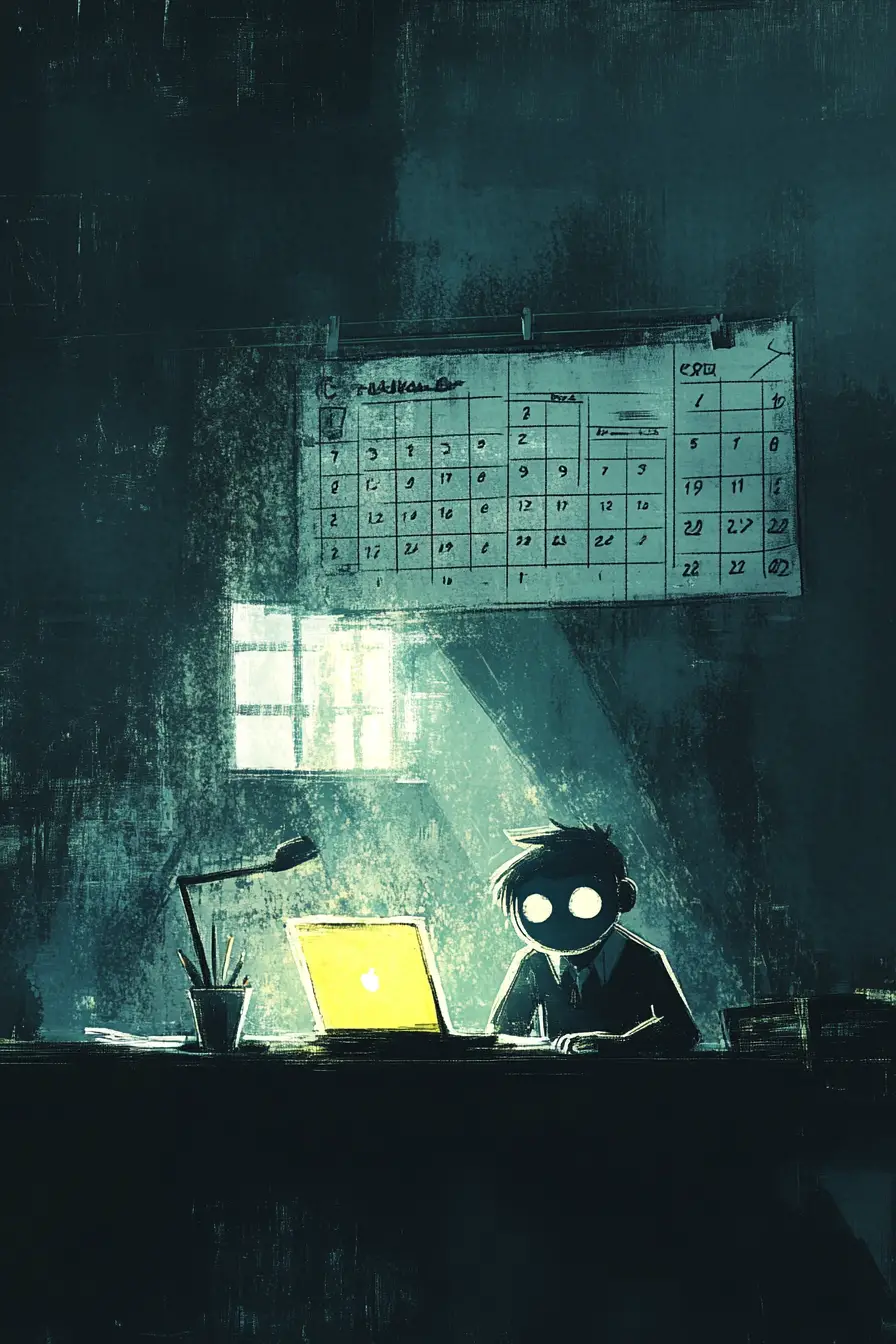 Overworked operations professional alone in dark weekend office