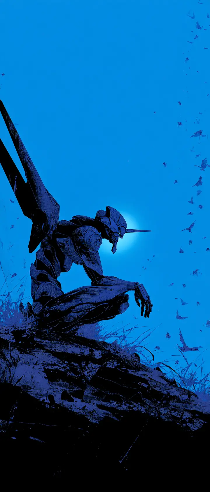 Kneeling mecha guardian holding a fragile human figure