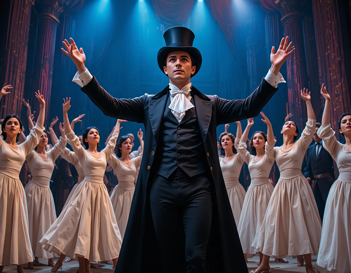 Caucasian man in black vintage suit on theater stage