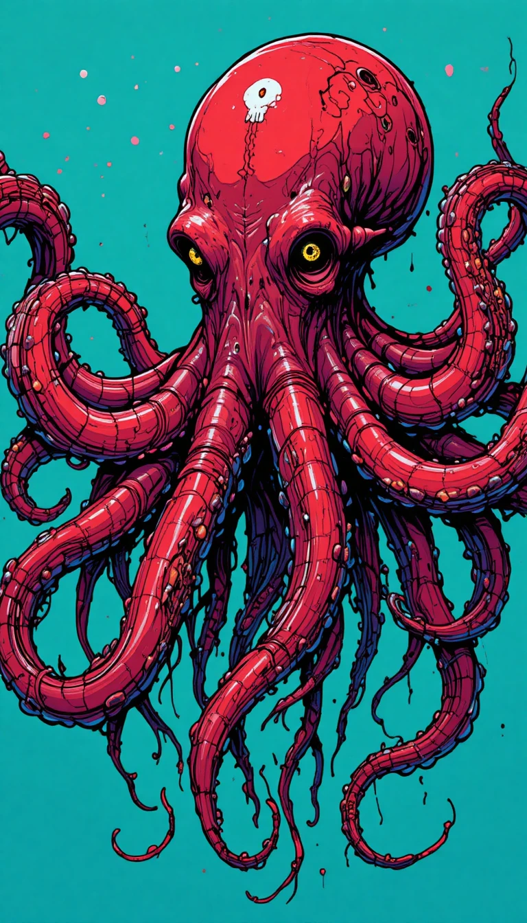 Gruseliger roter Oktopus mit Totenschädel-Gesicht im türkisfarbenen Wasser