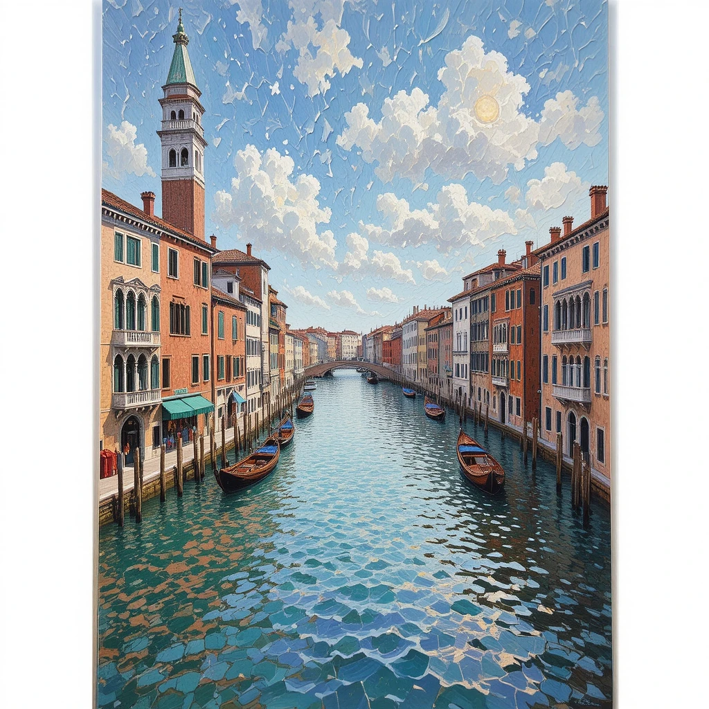 Pointillist painting of a Venetian cityscape on the water