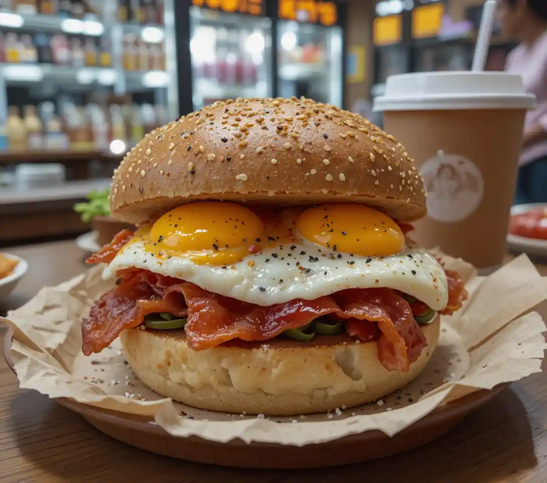 Hearty bacon egg and cheese sandwich on kaiser roll
